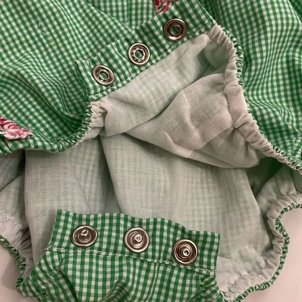 Baby Sen by Remember Nguyen Green Gingham Romper Size 18M Floral Ruffles